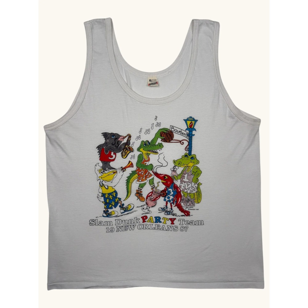 Vintage 1987 Screen Stars New Orleans Slam Dunk Party Team Tank Top White XL